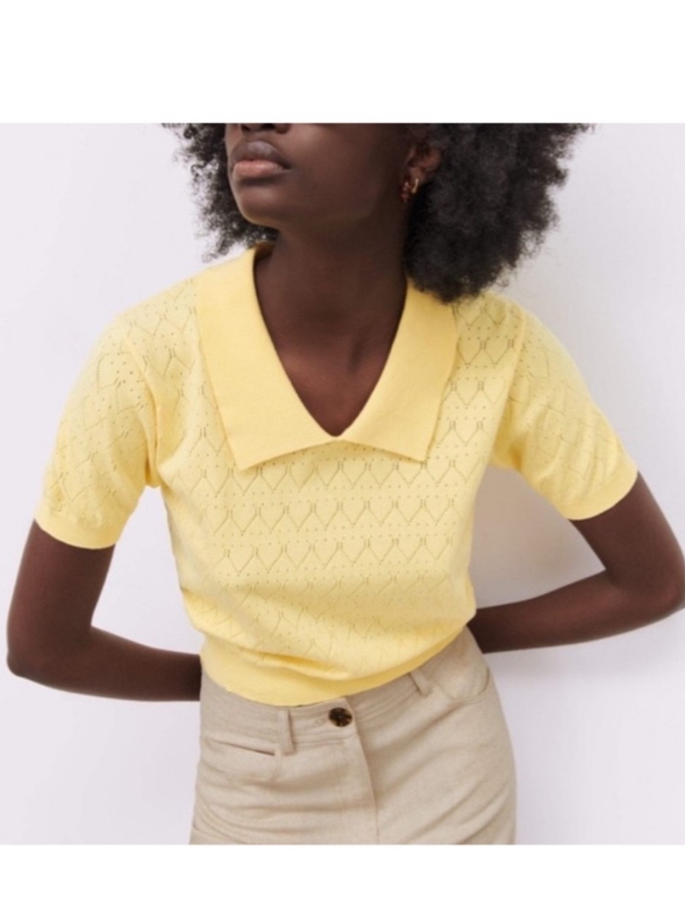 ZARA Womens Pointelle Knit Polo Yellow Size Medium - Picture 3 of 11